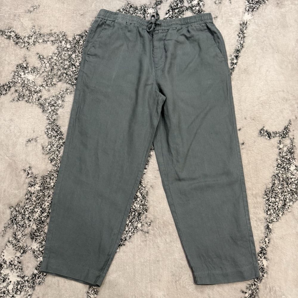 Zara Womens‎ XL 100% Linen Pull On Pants Sage Green Drawstring Elastic Waist